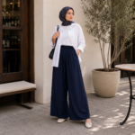Wide Cloche Pants in Navy Blue – Turkish Manufacturing