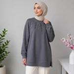 Mink Long Blouse in Grey with Crystal Embellishments – Turkish manufacturing