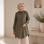 قميص نسائي طويل بأزرار أمامية بلون زيتوني – صناعة تركية