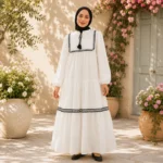 فستان طويل أبيض مزين بتطريز أسود – صناعة تركية
