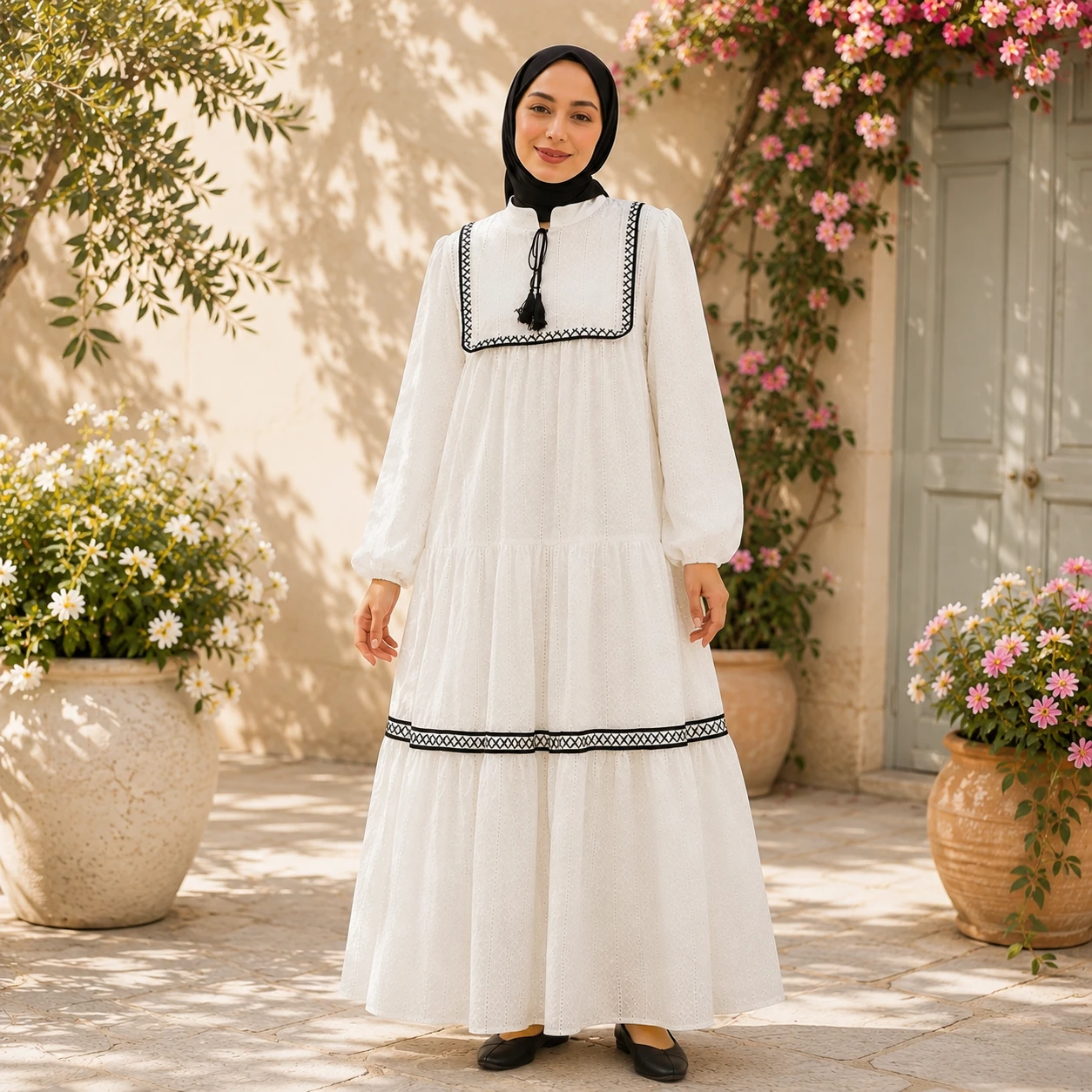 1000491619 فستان طويل أبيض مزين بتطريز أسود – صناعة تركية - الصورة 1