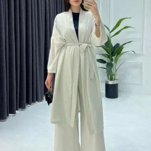 Two-Piece Beige Set (Kimono with Pants) – High-Quality Turkish Manufacturing