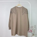 Women’s Long Tunic in Sandy Beige with Crystal Embellishment – Turkish Manufacturing