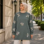 Women’s Long Misty Green Shirt with Floral Embroidery – Turkish Made