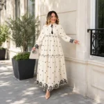 Long Off-White Dress with Black Embroidery – Turkish Manufacturing