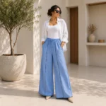 Women’s Wide Flared Pants in Elegant Blue – Turkish Manufacturing