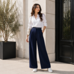 Women’s Dark Navy Wide Leg Pants – High Waist Straight Cut Turkish Trousers