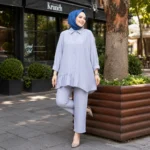 Women’s Long Shirt and Pants Set – Light Blue Color – Turkish Made