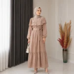 Long Dress in Light Bronze with Ruffles and Belt – Turkish Manufacturing