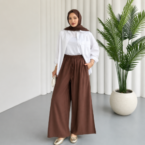 Women's Wide-Leg Elastic Waist Pants – Chocolate Brown – Turkish Made