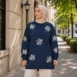Women’s Long Navy Blue Shirt with Floral Embroidery – Turkish Made