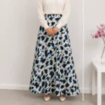 Women’s Long Satin Floral Skirt in Navy Blue & Black Tones – Elegant Flowing Design – Turkish Made