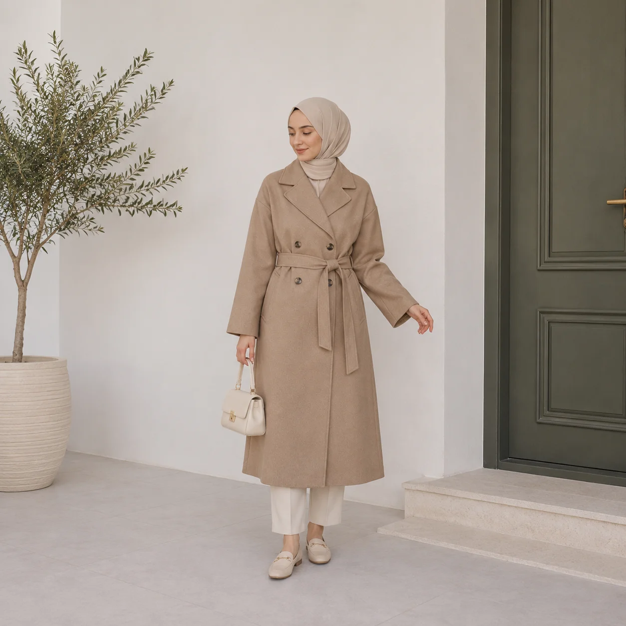 file_0000000054bc71fda558881ca0a21afc معطف نسائي طويل باللون البيج الرملي مع حزام خصر – صناعة تركية - الصورة 1