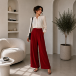 Women’s Cherry Red Wide Leg Pants – High Waist Elegant Flowing Fit – Turkish Made