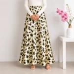 Women’s Long Satin Floral Skirt in Olive Green & Black Tones – Elegant Flowing Design – Turkish Made