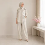Women’s Turkish Shirt and Wide-Leg Pants Set with Crystal Details – Light Cream Color