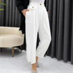 Women’s White High Waist Pleated Pants with Gold Button Details & Elastic Waist