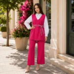 طقم نسائي ثلاث قطع باللون الفوشي (قميص + تونيك + بنطال) – صناعة تركية