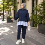 طقم نسائي مكون من قميص طويل وبنطال باللون الكحلي – صناعة تركية