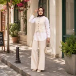 طقم نسائي ثلاث قطع باللون البيج (قميص + جيليه + بنطال) – صناعة تركية