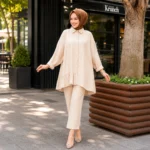 Women’s Long Shirt and Pants Set – Light Beige Color – Turkish Made