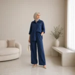Women’s Turkish Shirt and Wide-Leg Pants Set with Crystal Details – Royal Blue