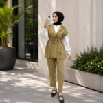 طقم جاكيت بدون أكمام وبنطال نسائي تركي باللون الزيتي الفاتح – ملابس محتشمة للمحجبات للطلعات والزيارات