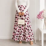 Women’s Long Satin Floral Skirt in Fuchsia Pink & Black Tones – Elegant Flowing Design – Turkish Made