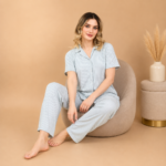 Women’s Light Green Striped Cotton Pajama Set – Turkish Made