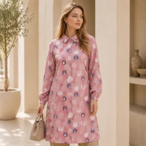 Women’s Long Printed Tunic in Dusty Pink – Turkish Made