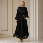 Women’s Black Pleated Chiffon Maxi Skirt – Elegant Turkish Design