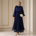 Women’s Navy Pleated Chiffon Maxi Skirt – Elegant Turkish Design