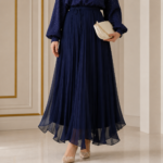 Women’s Navy Pleated Chiffon Maxi Skirt – Elegant Turkish Design - Image 2