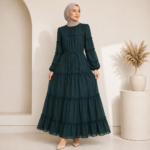⁦فستان نسائي شيفون طويل بطبقات وكشكش مع رباط خصر – تصميم تركي كلاسيكي⁩ - الصورة ⁦2⁩