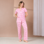 Women’s Pink Heart Cotton Pajama Set – Turkish Made