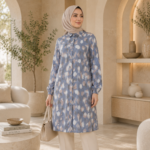 Women’s Long Printed Tunic in Dusty Blue – Turkish Made