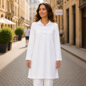 Women’s Long Plain White Tunic with Front Buttons – Turkish Made