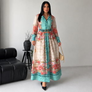 Women’s Long Floral Dress – Premium Linen Fabric – Turkish Made