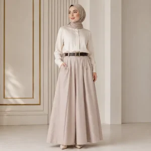تنورة نسائية طويلة بيج رملي واسعة بخصر مطاطي مع حزام وجيوب – تصميم محتشم وأنيق – صناعة تركية