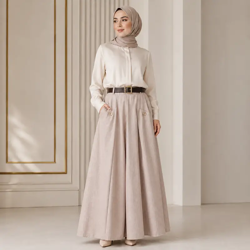 1000478437 تنورة نسائية طويلة بيج رملي واسعة بخصر مطاطي مع حزام وجيوب – تصميم محتشم وأنيق – صناعة تركية - الصورة 1