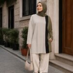 Women’s Oversized Two-Tone Long Shirt in Beige & Olive Green
