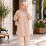 قميص نسائي طويل باللون البيج مع جيب مطرز – صناعة تركية