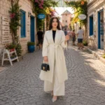 ⁦طقم كيمونو طويل نسائي مع بنطال واسع باللون السكري – إطلالة محتشمة وأنيقة للمحجبات⁩ - الصورة ⁦2⁩