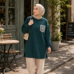 قميص نسائي طويل باللون الأخضر التركواز مع جيب مطرز – صناعة تركية