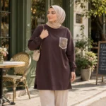 Women's Long Brown Shirt with Embroidered Pocket – Turkish Made