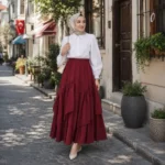 تنورة طويلة متعددة الطبقات باللون العنابي لإطلالة أنيقة وجذابة – صناعة تركية