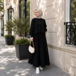 ⁦فستان طويل باللون العنابي الداكن بأزرار أمامية – صناعة تركية⁩ - الصورة ⁦2⁩